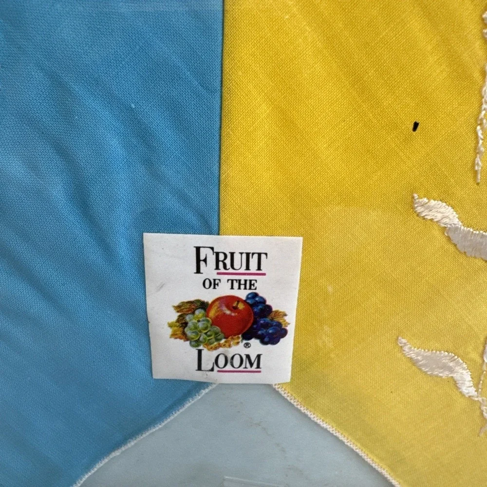 Vintage Fruit of the Loom Embroidered Cotton Handkerchiefs‎ 2 Pack Blue Yellow